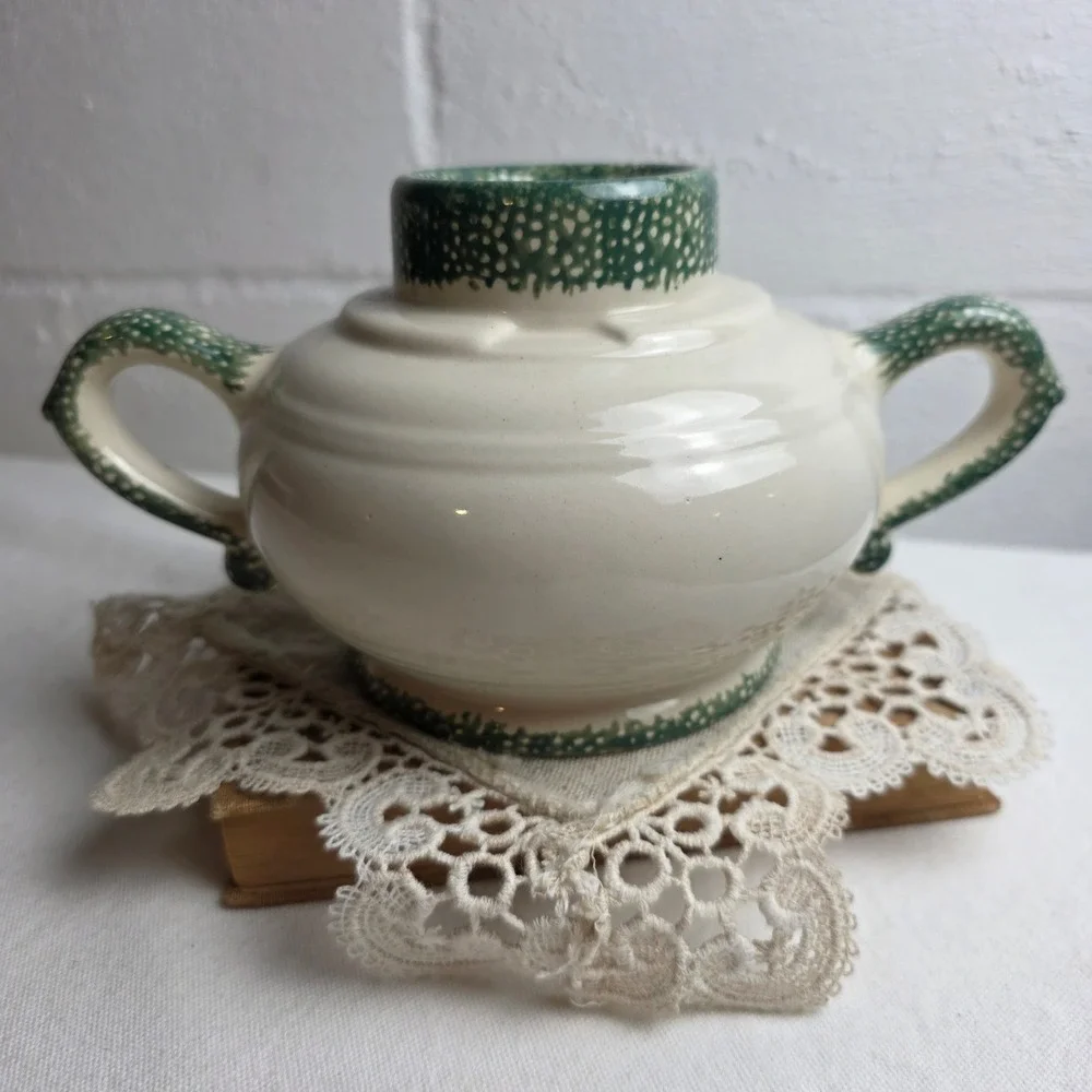 Vintage Ceramic Apple Candle Holder Double Handle Farmhouse Speckled Cream Green